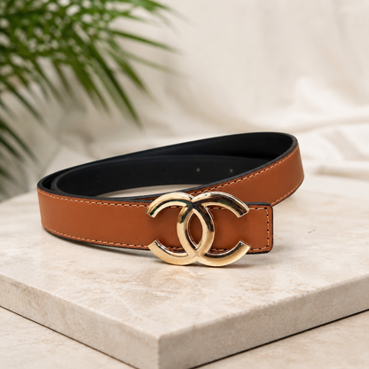 Women Classic Camel Brown Belt – Gold Buckle