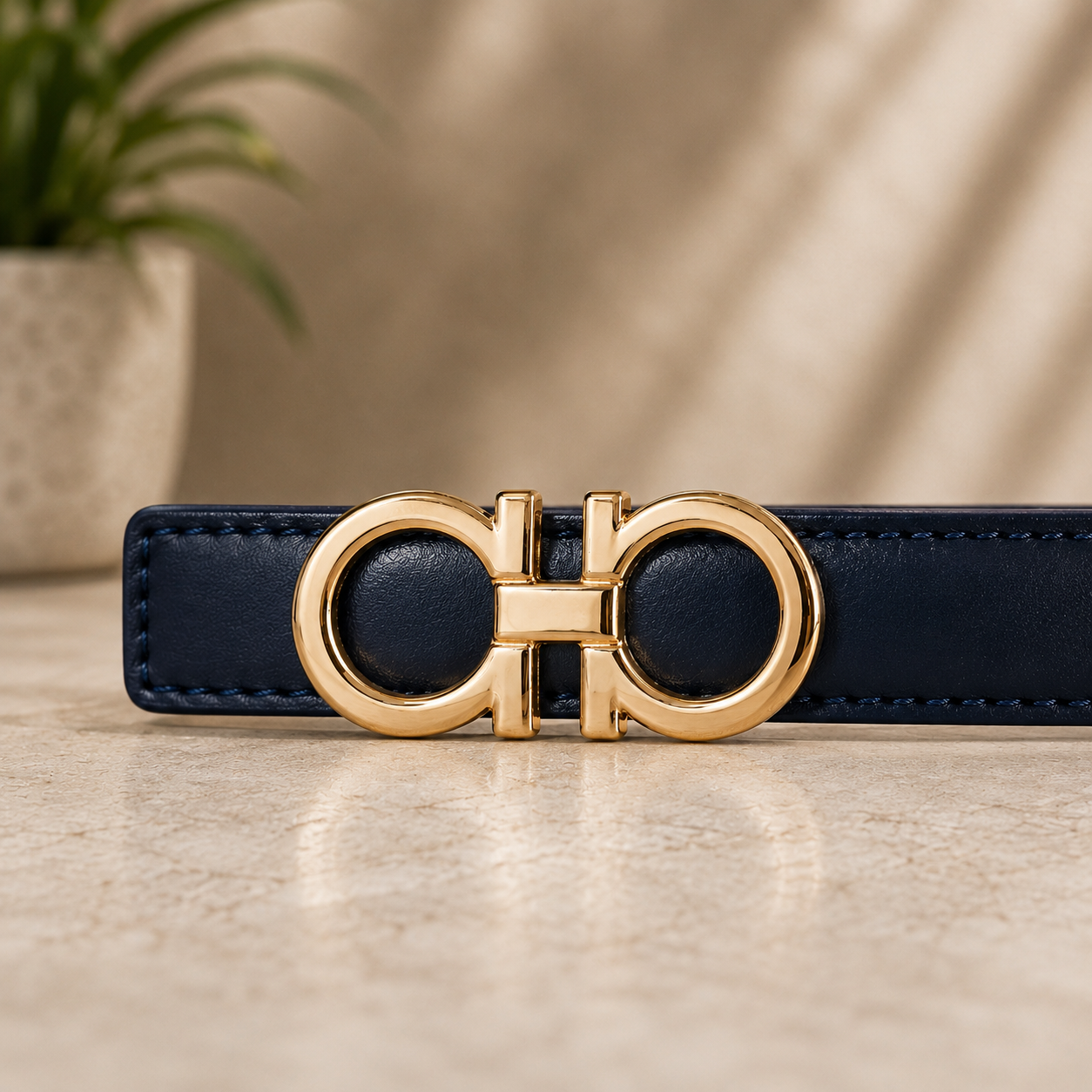 Women Classic Navy Blue Belt – Golden Buckle