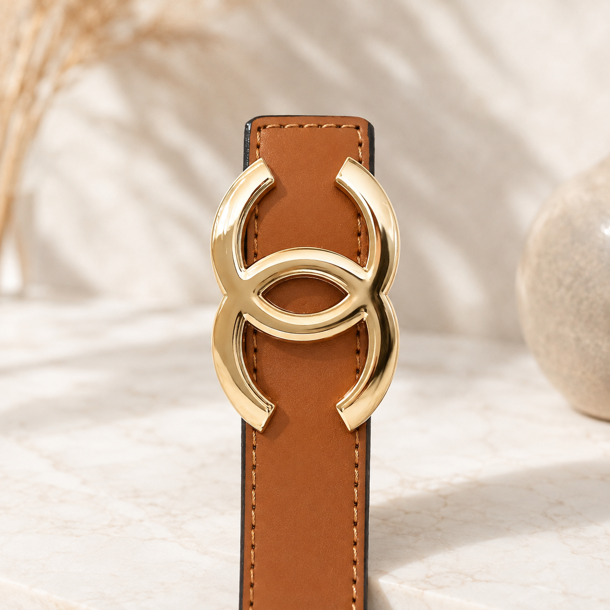 Women Classic Camel Brown Belt – Gold Buckle