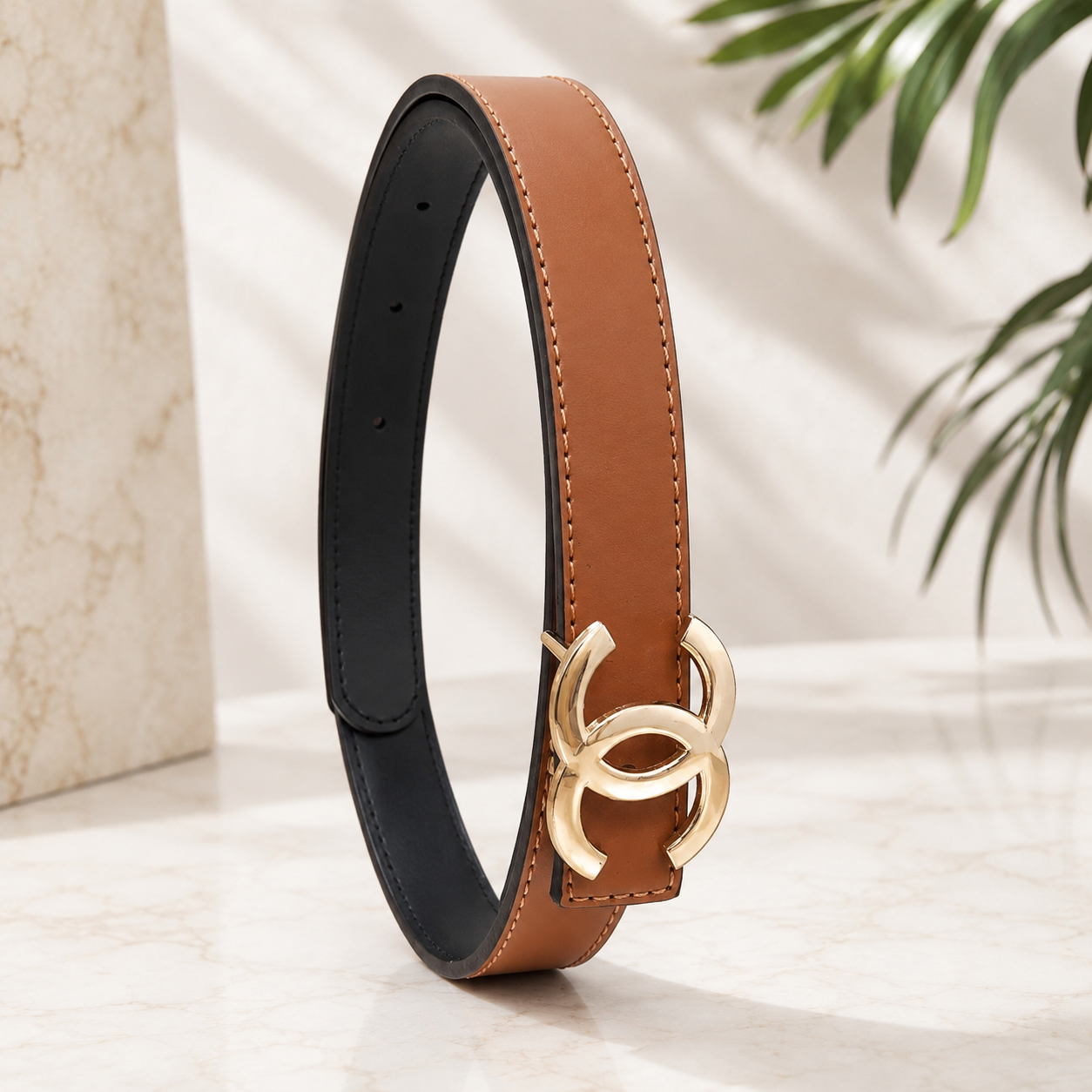 Women Classic Camel Brown Belt – Gold Buckle