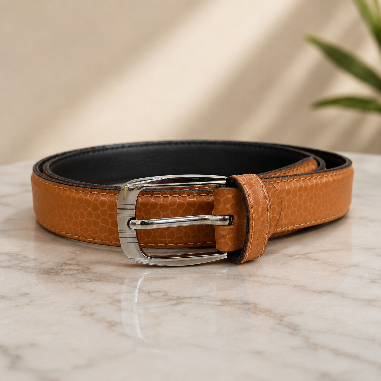 Women Cognac Orange Leather Belt (Silver Buckle)