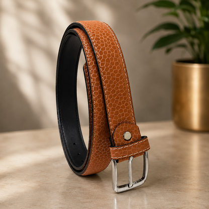 Women Cognac Orange Leather Belt (Silver Buckle)