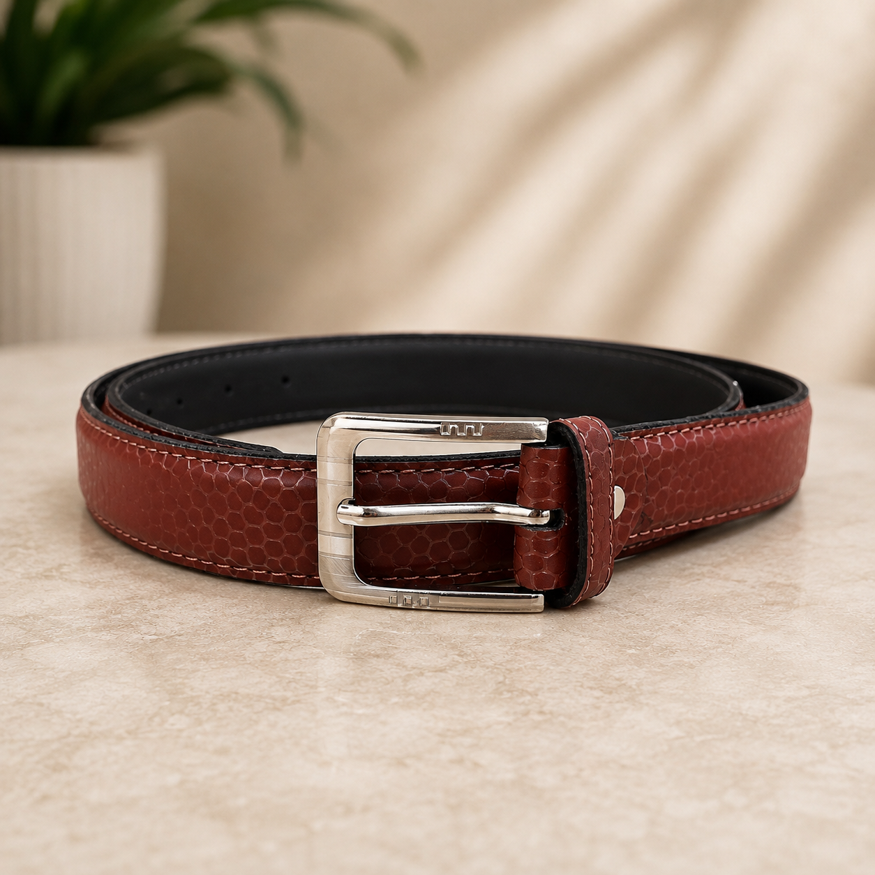 Women Burgundy Premium Leather Belt (Silver Buckle)