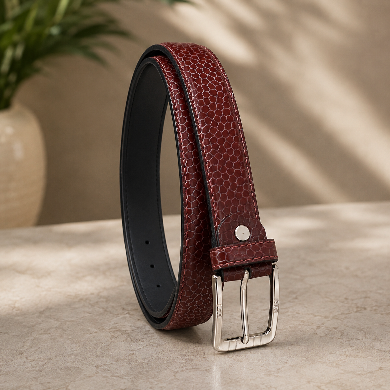 Women Burgundy Premium Leather Belt (Silver Buckle)