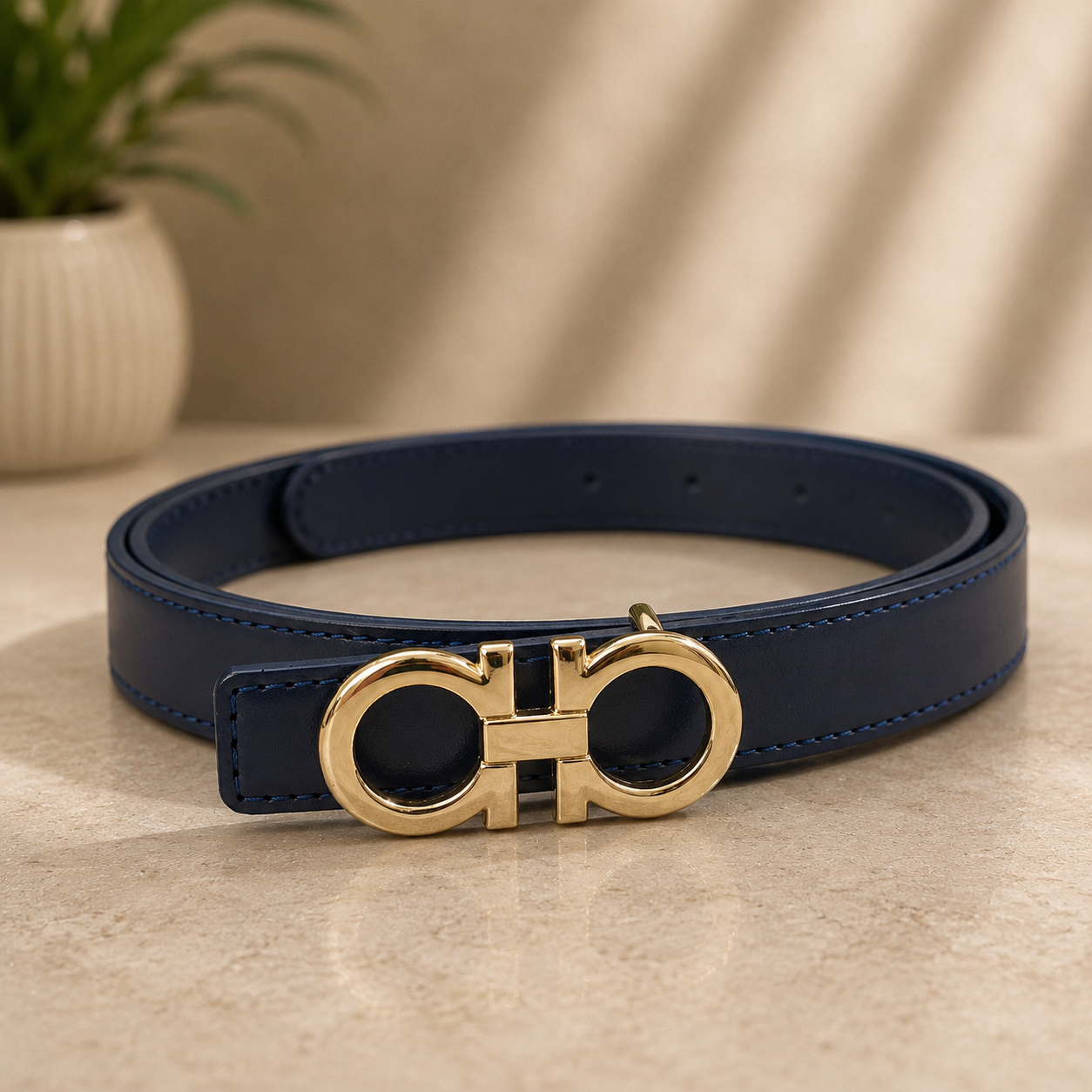 Women Classic Navy Blue Belt – Golden Buckle