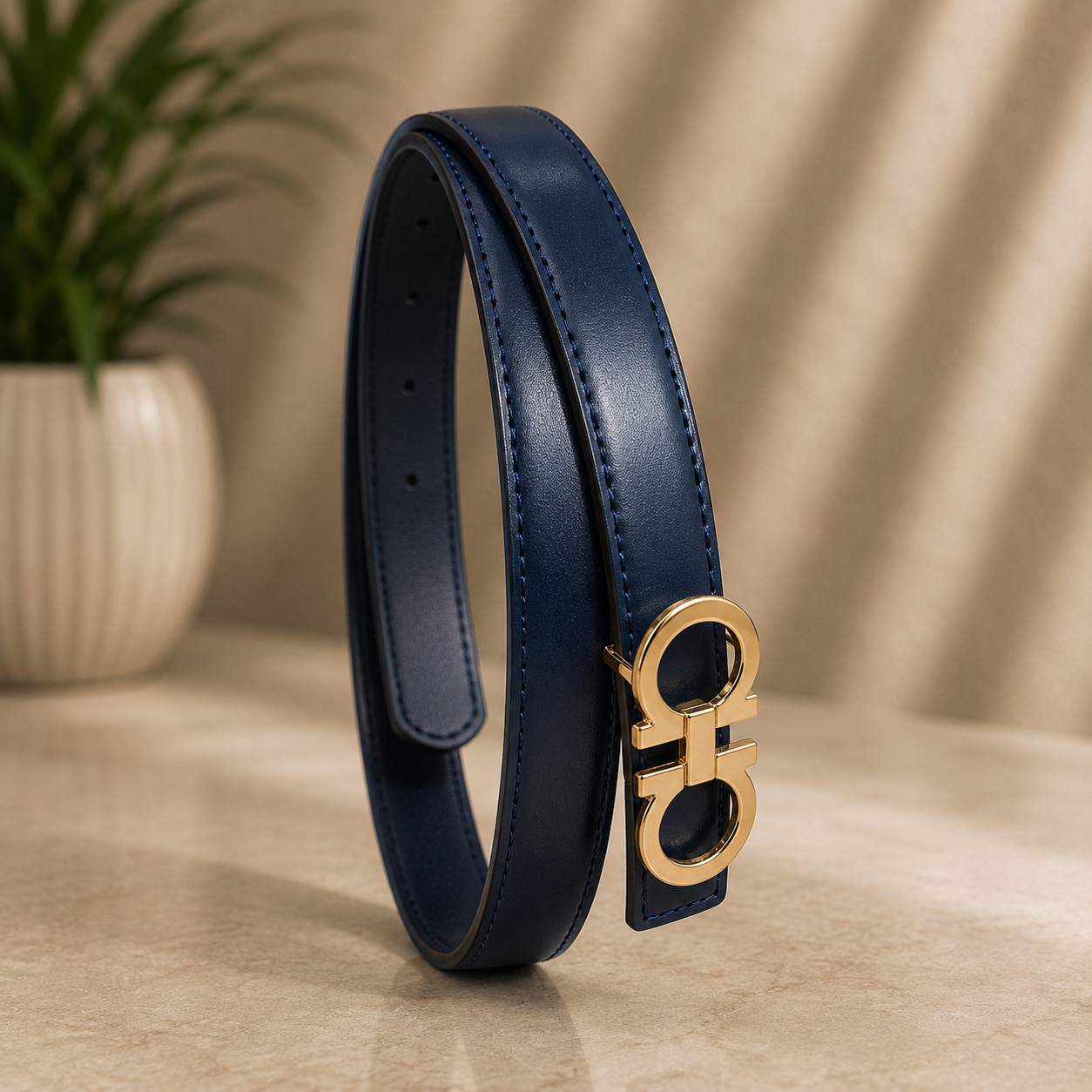 Women Classic Navy Blue Belt – Golden Buckle